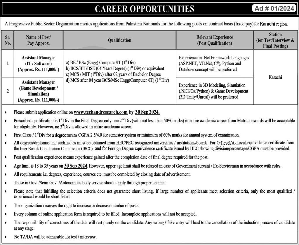 Progressive Public Sector Organization Karachi Jobs 2024 Jobs 2024 — original advertisement