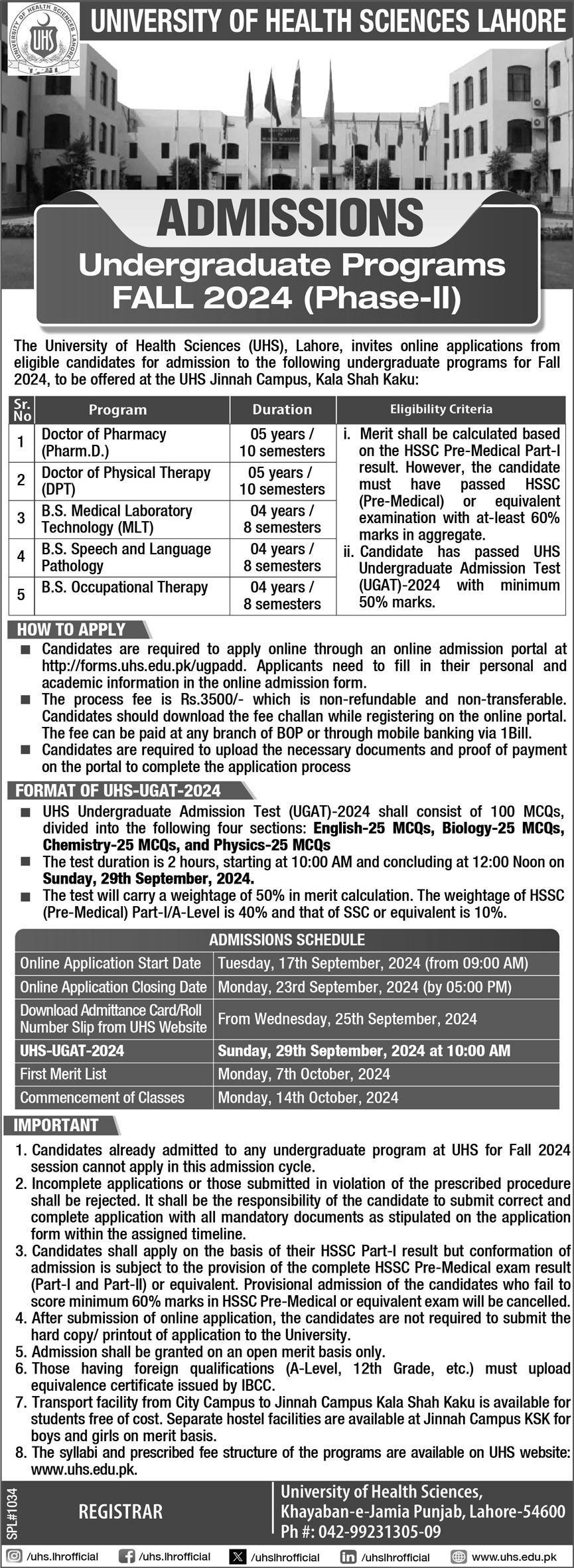 Admission Open in University of Health Sciences Lahore 2024 Admissions 2024 — original advertisement