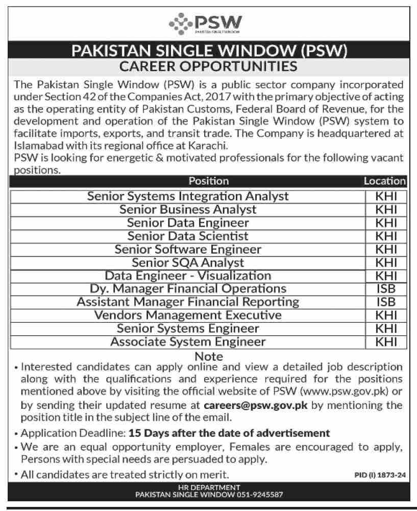 Pakistan Single Window PSW Jobs 2024 Jobs 2024 — original advertisement