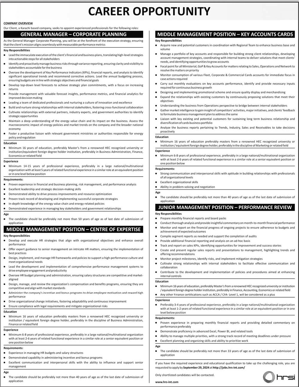 Human Resource Solution International HRSI Jobs 2024 – HRSG People and Business karachi Jobs 2024 — original advertisement