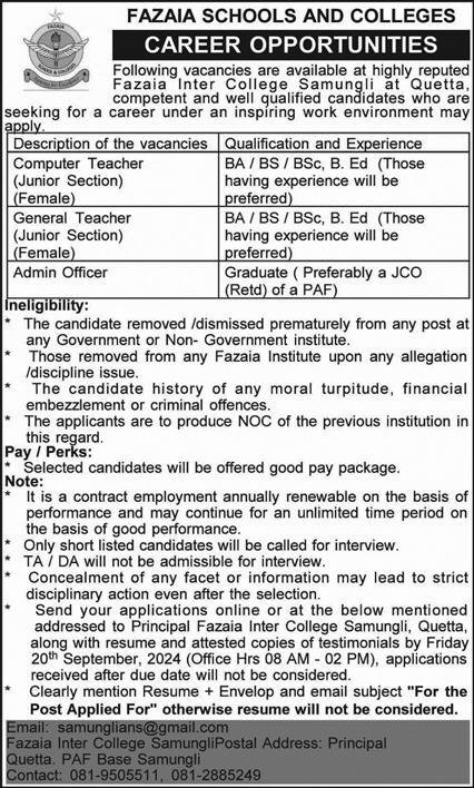 Fazaia School and Colleges Quetta Jobs 2024 – Fazaia Schools & Colleges Jobs 2024 — original advertisement