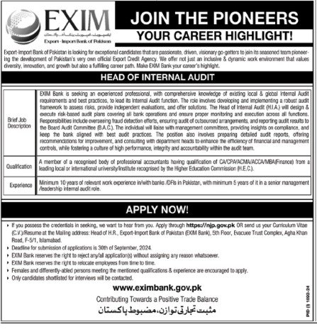 Exim Import Bank Of Pakistan Head Internal Audit Jobs 2024 – EXIM Bank of Pakistan Jobs 2024 — original advertisement