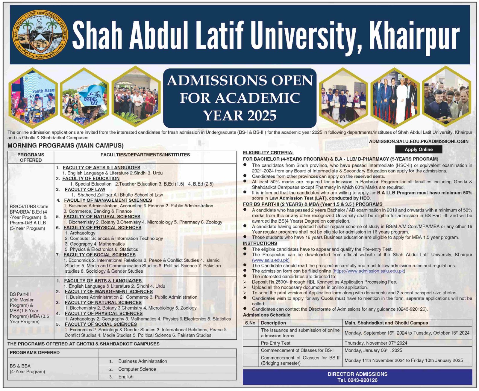 Admissions Open in Shah Abdul Latif University Khairpur 2024 Admissions 2024 — original advertisement