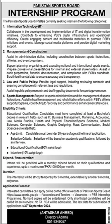 PSB Pakistan Sports Board Internship Program 2024 – Pakistan Sports Board PSB Jobs 2024 — original advertisement