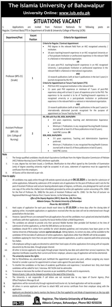 The Islamia University Of Bahawalpur IUB Jobs 2024 – Islamia University Bahawalpur Jobs 2024 — original advertisement