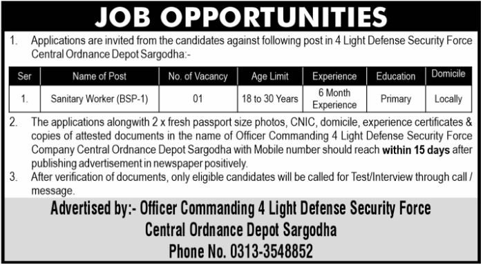 4 Light Defense Security Force Central Ordnance Depot Jobs – Pakistan Army Jobs 2024 — original advertisement