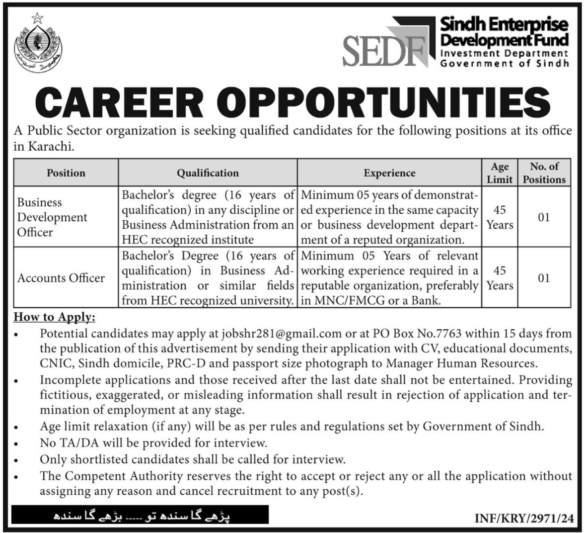 Sindh Enterprise Development Fund SEDF Karachi Jobs 2024 – Public Sector Organization Jobs 2024 — original advertisement