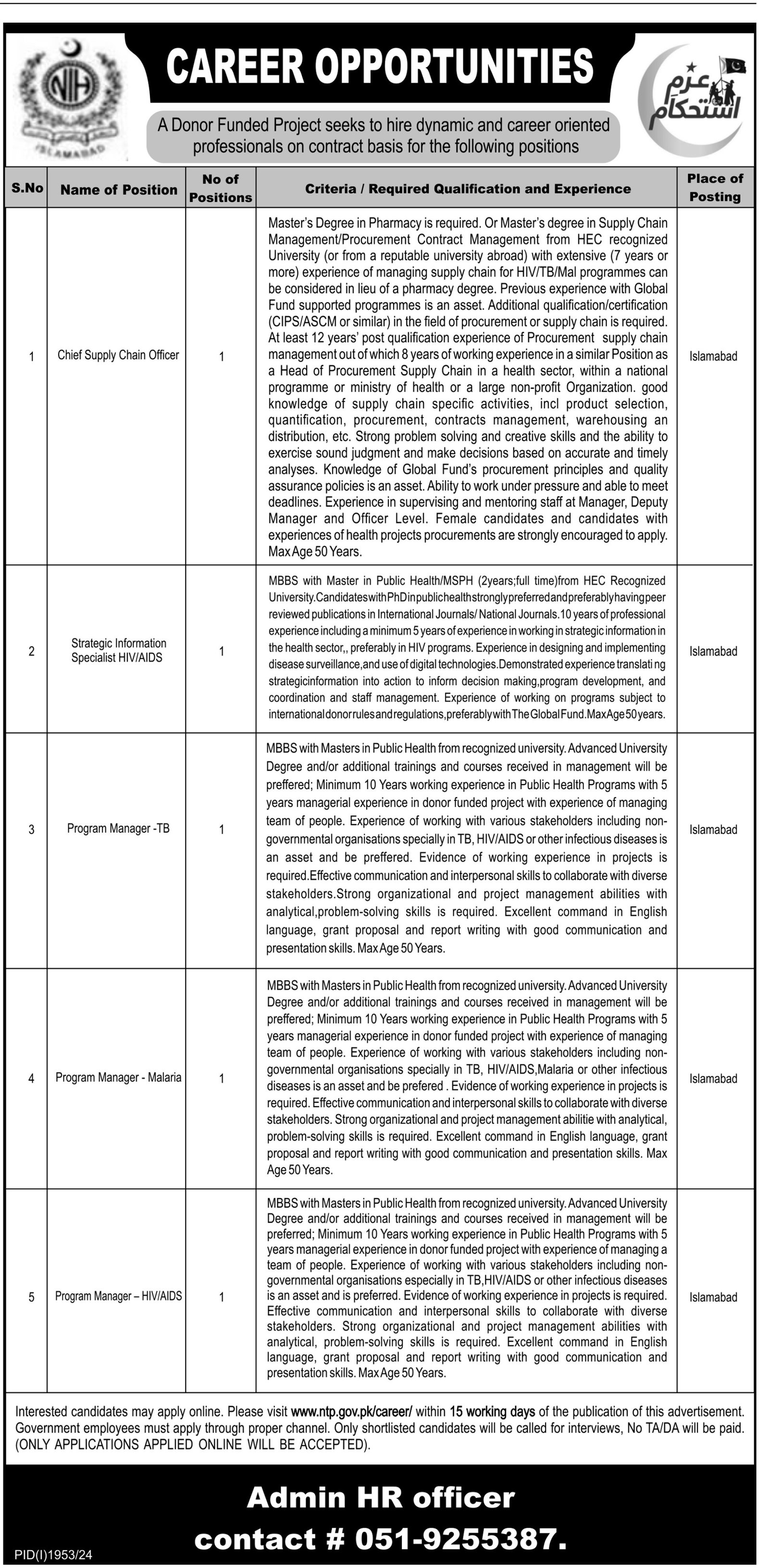 Donor Funded Project Islamabad Jobs 2024 – Public Sector Organization Jobs 2024 — original advertisement