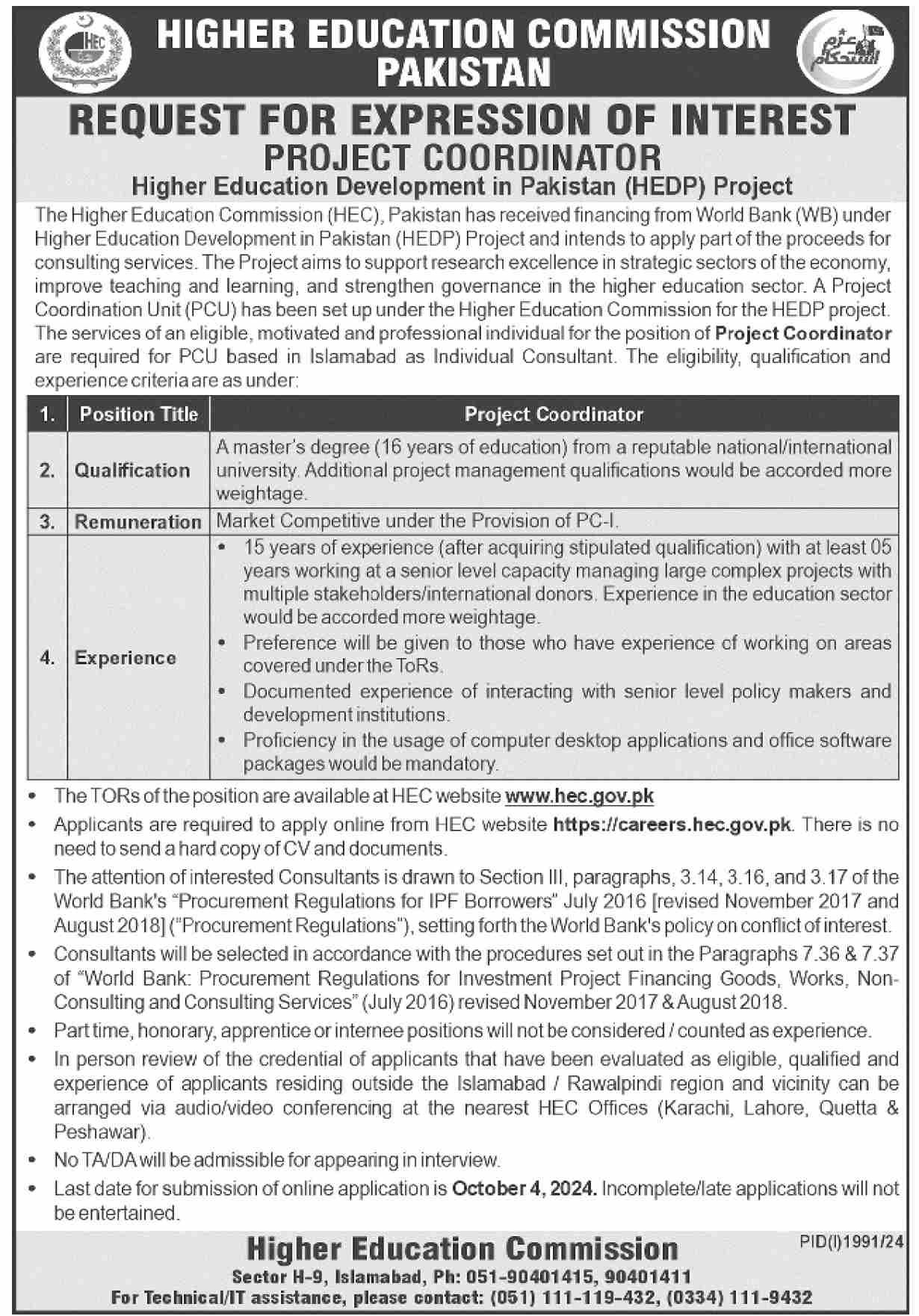 Higher Education Commission HEC Islamabad Jobs 2024 – Higher Education Commission Islamabad Jobs 2024 — original advertisement