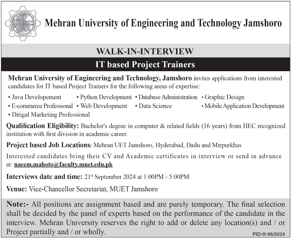 Mehran University Of Engineering & Technology Jamshoro Jobs Jobs 2024 — original advertisement