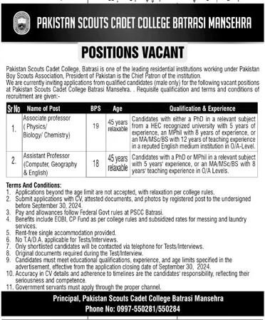 Pakistan Scouts Cadet College Batrasi Mansehra Jobs 2024 Jobs 2024 — original advertisement