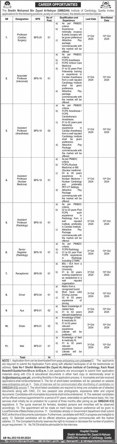 Sheikh Mohamed Bin Zayed Al Nahyan Institute Quetta Jobs – Sheikh Mohammad Bin Zayed Al Nahyan SMBZAN Institute of Cardiology Jobs 2024 — original advertisement