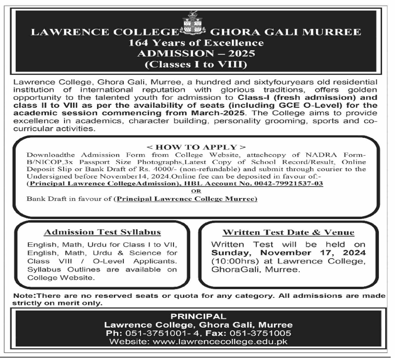 Admission Open in Lawrence College Ghora Gali Murree 2024 Admissions 2024 — original advertisement