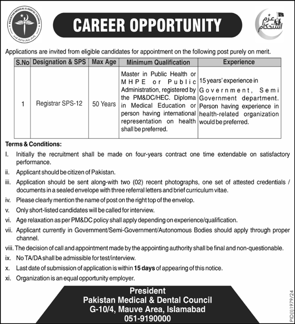 Pakistan Medical and Dental Council Islamabad Jobs 2024 – Pakistan Medical & Dental Council PMDC Jobs 2024 — original advertisement