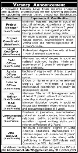 Renowed National Ngo Balochistan Jobs 2024 – Public Sector Organization Jobs 2024 — original advertisement