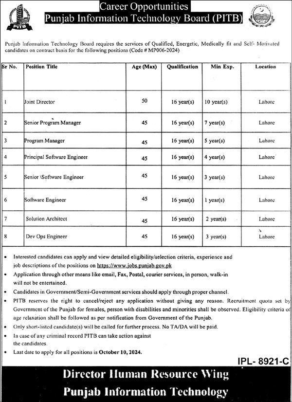 Punjab Information Technology Board PITB Jobs 2024 Jobs 2024 — original advertisement