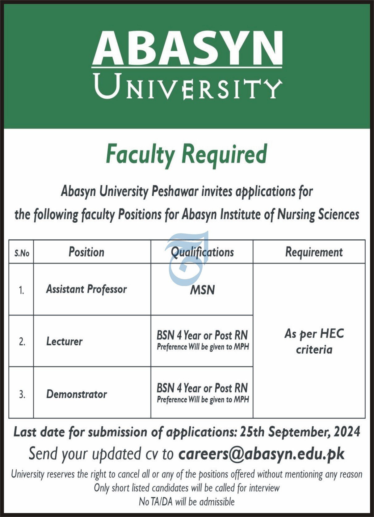 ABASYN University Peshawar Khyber Pakhtunkhwa Jobs 2024 Jobs 2024 — original advertisement