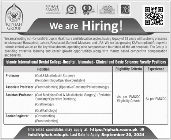Riphah International Dental College Faculty Staff Jobs 2024 – Riphah International University Jobs 2024 — original advertisement
