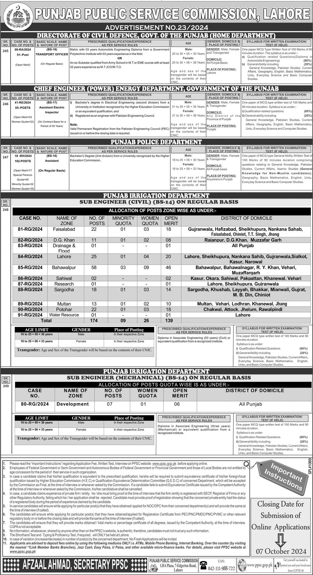 Punjab Public Service Commission PPSC Jobs 23/2024 – Punjab Public Service Commission Lahore Jobs 2024 — original advertisement