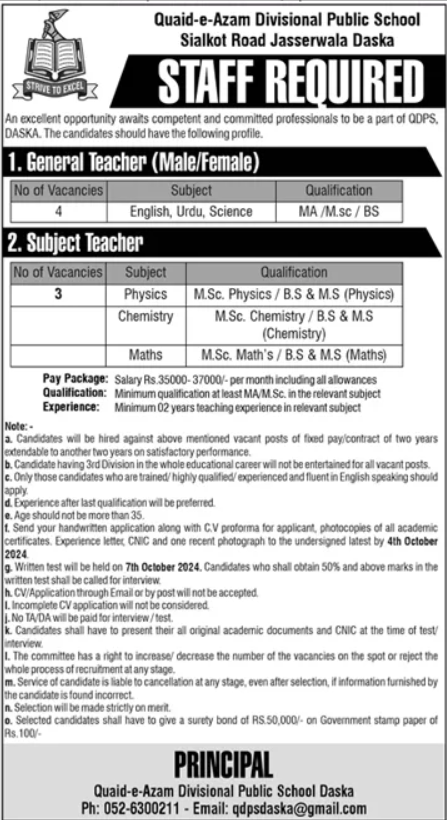 Quaid E Azam Divisional Public School & College Jobs 2024 Jobs 2024 — original advertisement