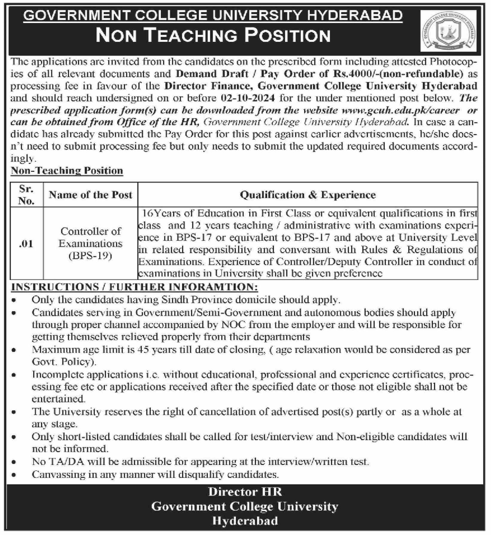 Government College University Hyderabad Jobs 2024 Jobs 2024 — original advertisement