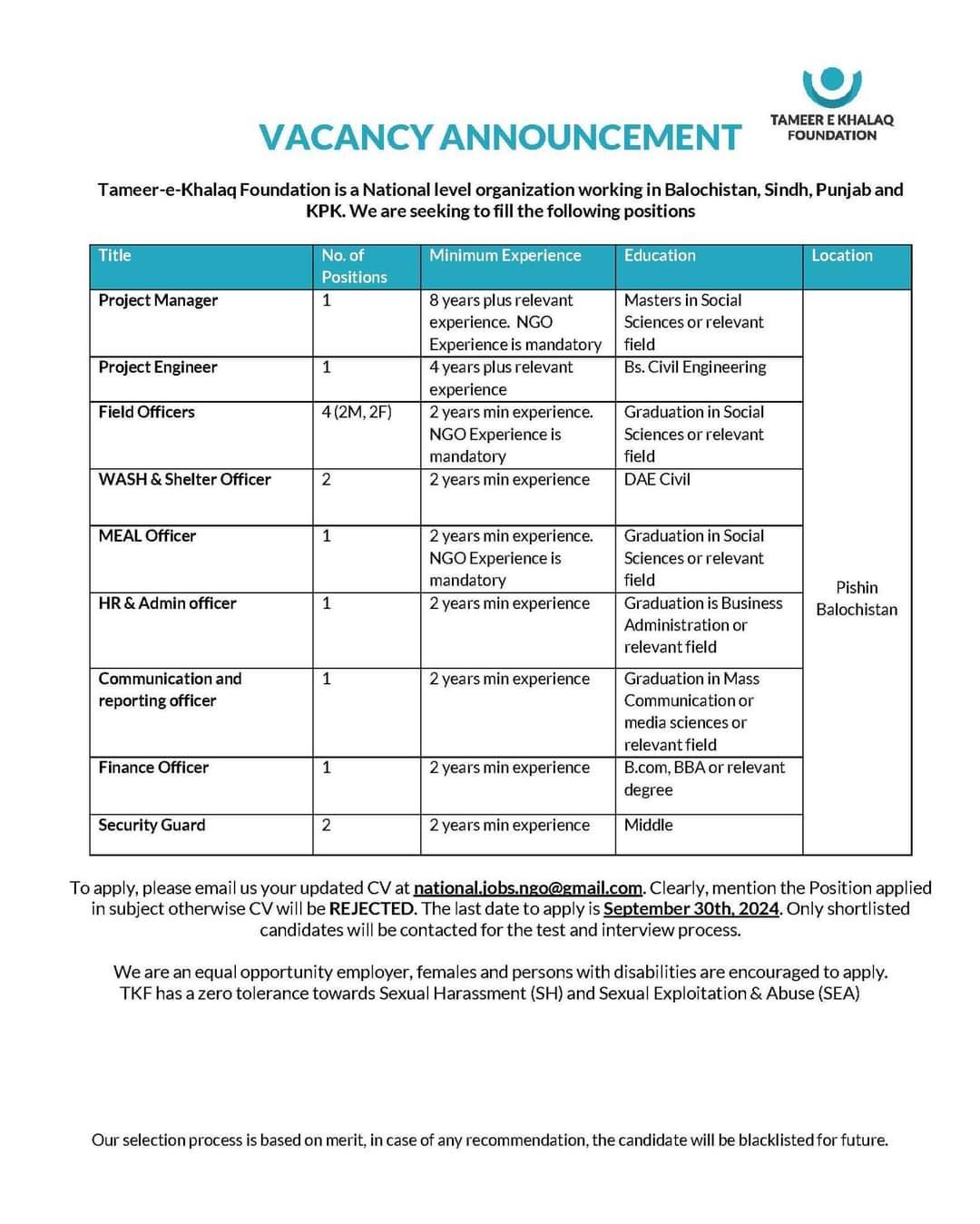 Tameer-e-Khalaq Foundation Balochistan Jobs 2024 – Tameer-e-Khalaq Foundation Pakistan Jobs 2024 — original advertisement