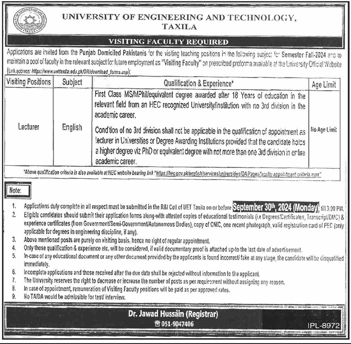 University of Engineering and Technology UET Taxila Jobs – University of Engineering  & Technology Lahore Jobs 2024 — original advertisement