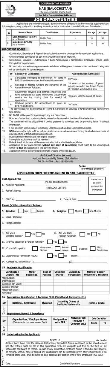 National Accountability Bureau NAB Quetta Jobs 2024 – National Accountability Bureau (NAB) Jobs 2024 — original advertisement