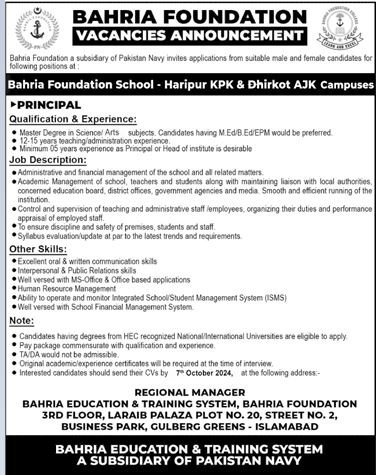 Bahria Foundation Azad Jammu Kashmir Campus Jobs 2024 Jobs 2024 — original advertisement