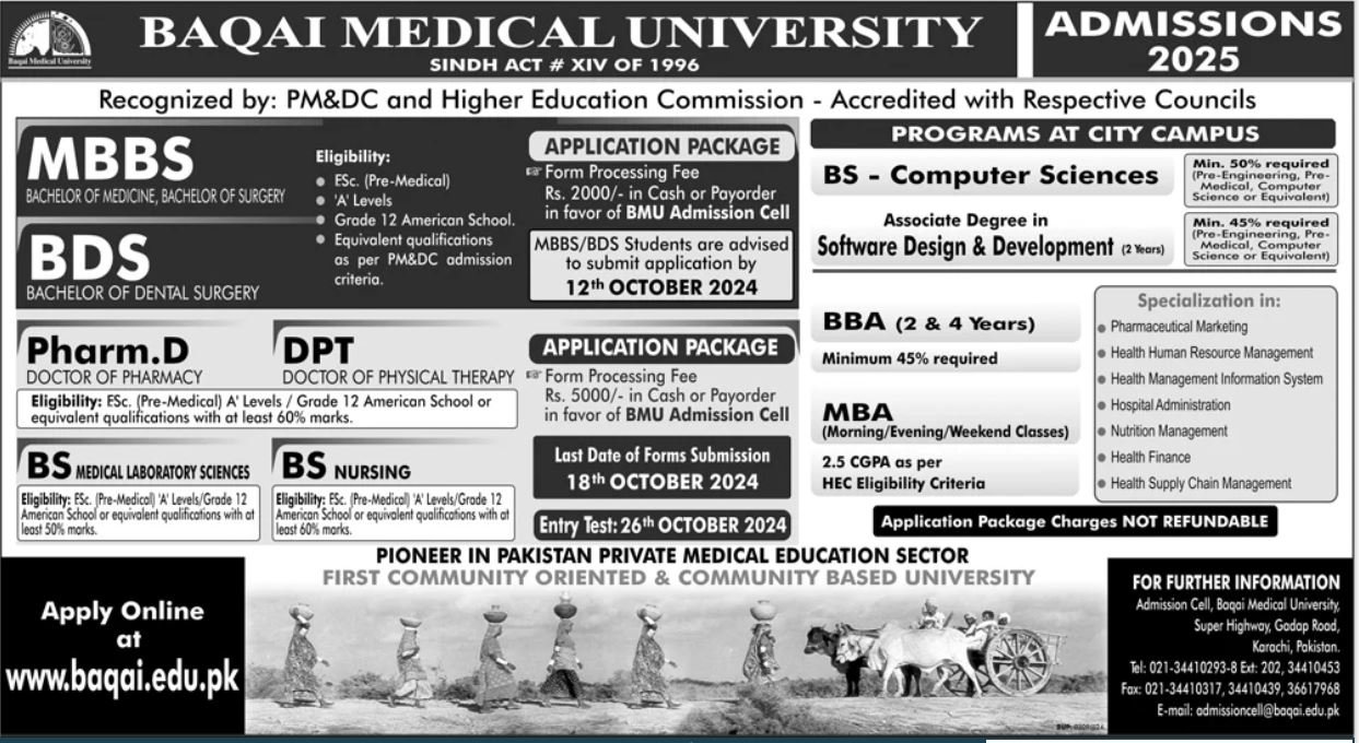 Admission Open in Baqai Medical University 2024 – Baqai Medical University Karachi Admissions 2024 — original advertisement