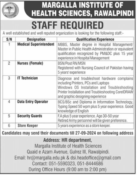 Margalla Institute od Health Sciences Rawalpindi Jobs 2024 – Margalla Institute of Health Sciences Jobs 2024 — original advertisement