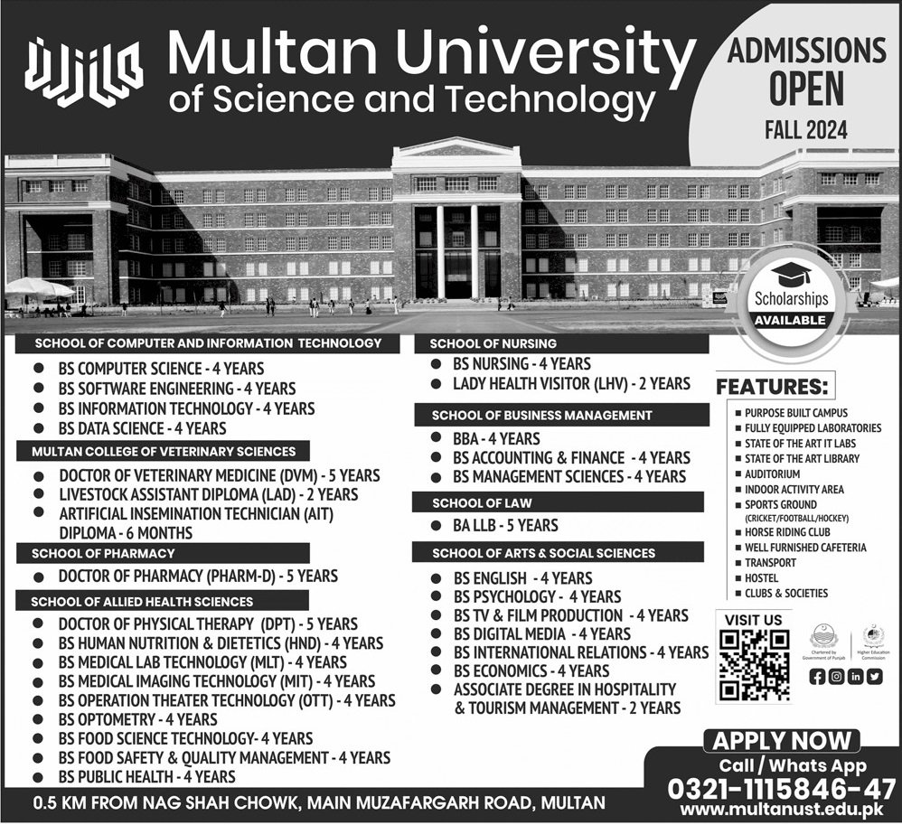 Admission Open in Multan University of Science And Technolog – Multan University Of Science & Technology Admissions 2024 — original advertisement