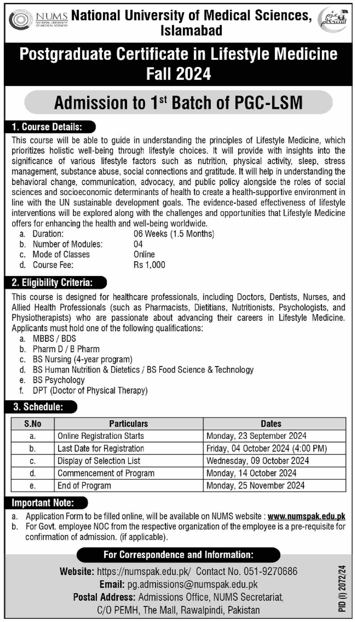 Admission Open in National University of Medical Sciences – National University of Medical Science NUMS Admissions 2024 — original advertisement
