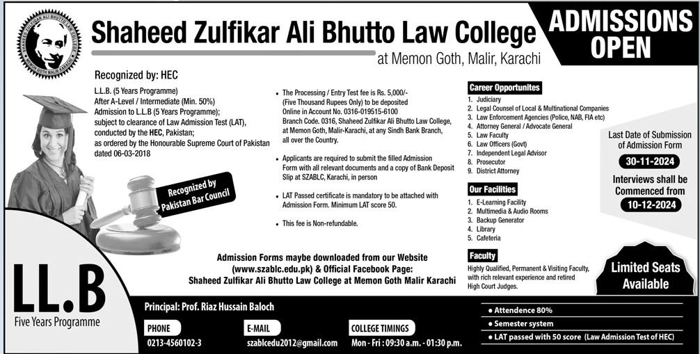Admission Open in Shaheed Zulifiqar Ali Bhutoo Lawa College – Shaheed Zulfiqar Ali Bhutto University of Law Karachi Admissions 2024 — original advertisement