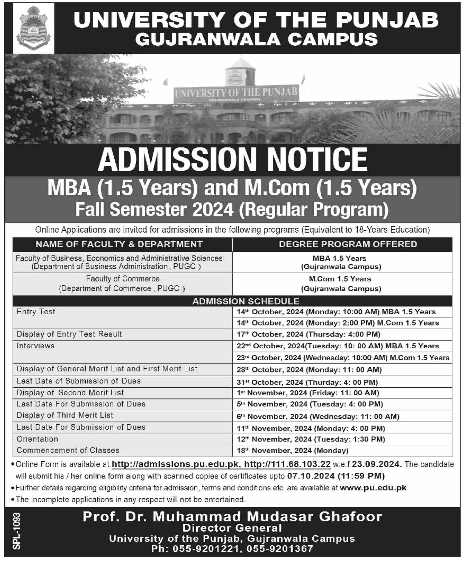 Admission Open in University of Punjab 2024 Admissions 2024 — original advertisement