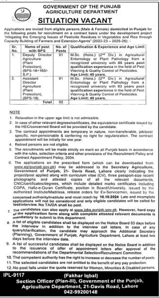 Agriculture Department Lahore Punjab Jobs 2024 – Agriculture Department Punjab Jobs 2024 — original advertisement