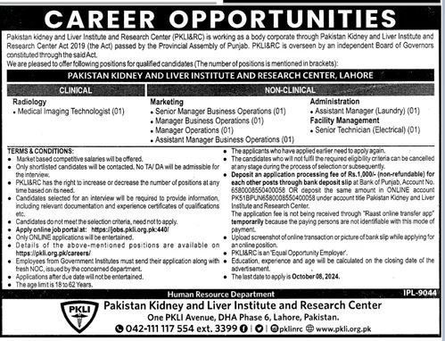 Pakistan Kidney And Liver Institute And Research Centre Jobs – Pakistan Kidney And Liver Institute (PKLI) And Research Centre Lahore Jobs 2024 — original advertisement
