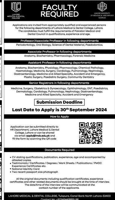 Lahore Medical & Dental College Lahore Jobs 2024 – CMH Lahore Medical College Jobs 2024 — original advertisement