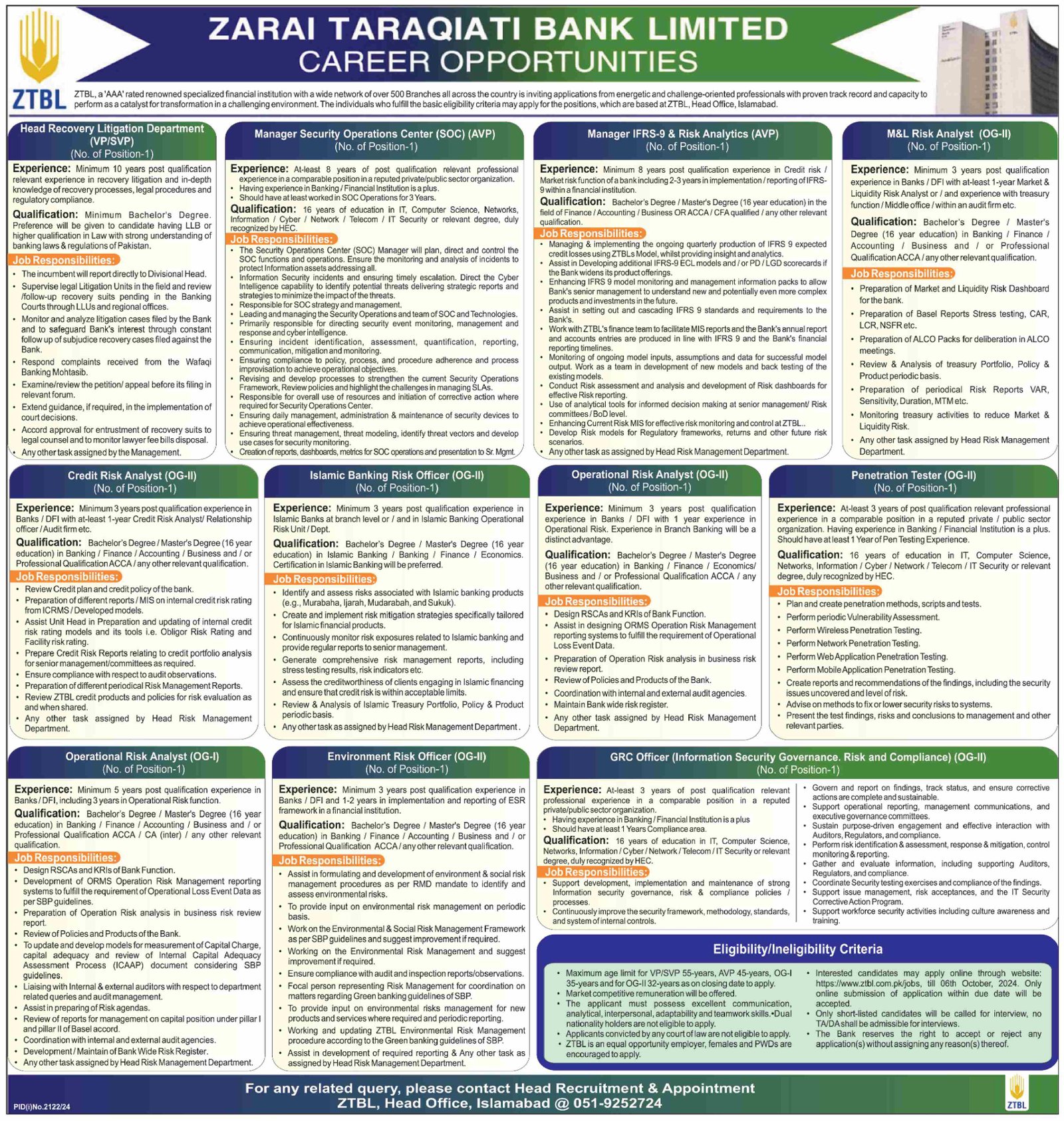 Zarai Taraqiati Bank Limited ZTBL Islamabad Jobs 2024 Jobs 2024 — original advertisement