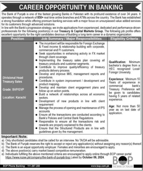 The Bank Of Punjab BOP Karachi Job 2024 Jobs 2024 — original advertisement