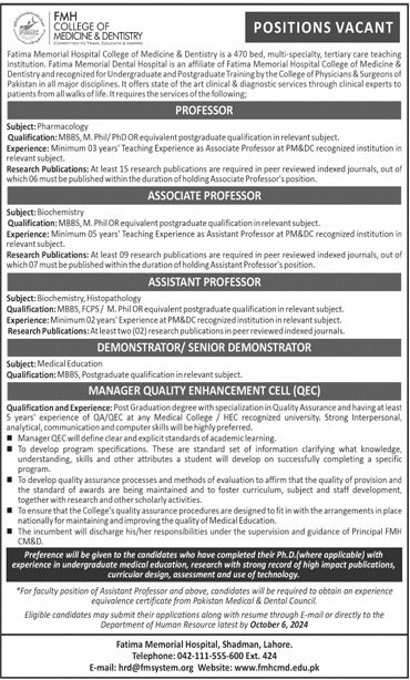 FMH College Of Medicine & Dentistry Lahore Jobs 2024 – Fatima Memorial Hospital (Fmh) Lahore Jobs 2024 — original advertisement