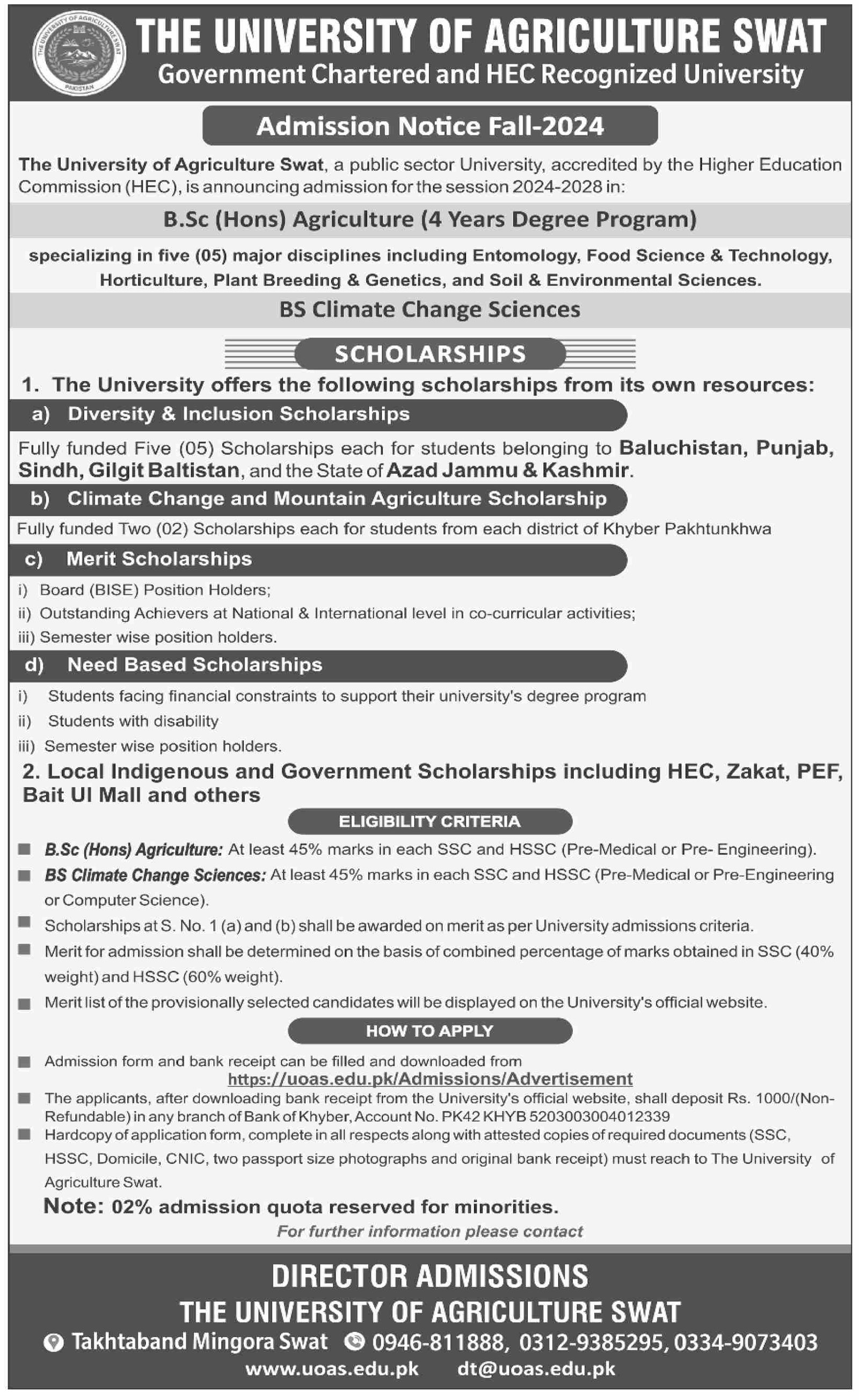 Admissions Open in University of Agriculture Swat 2024 – University Of Agricultural Swat Admissions 2024 — original advertisement