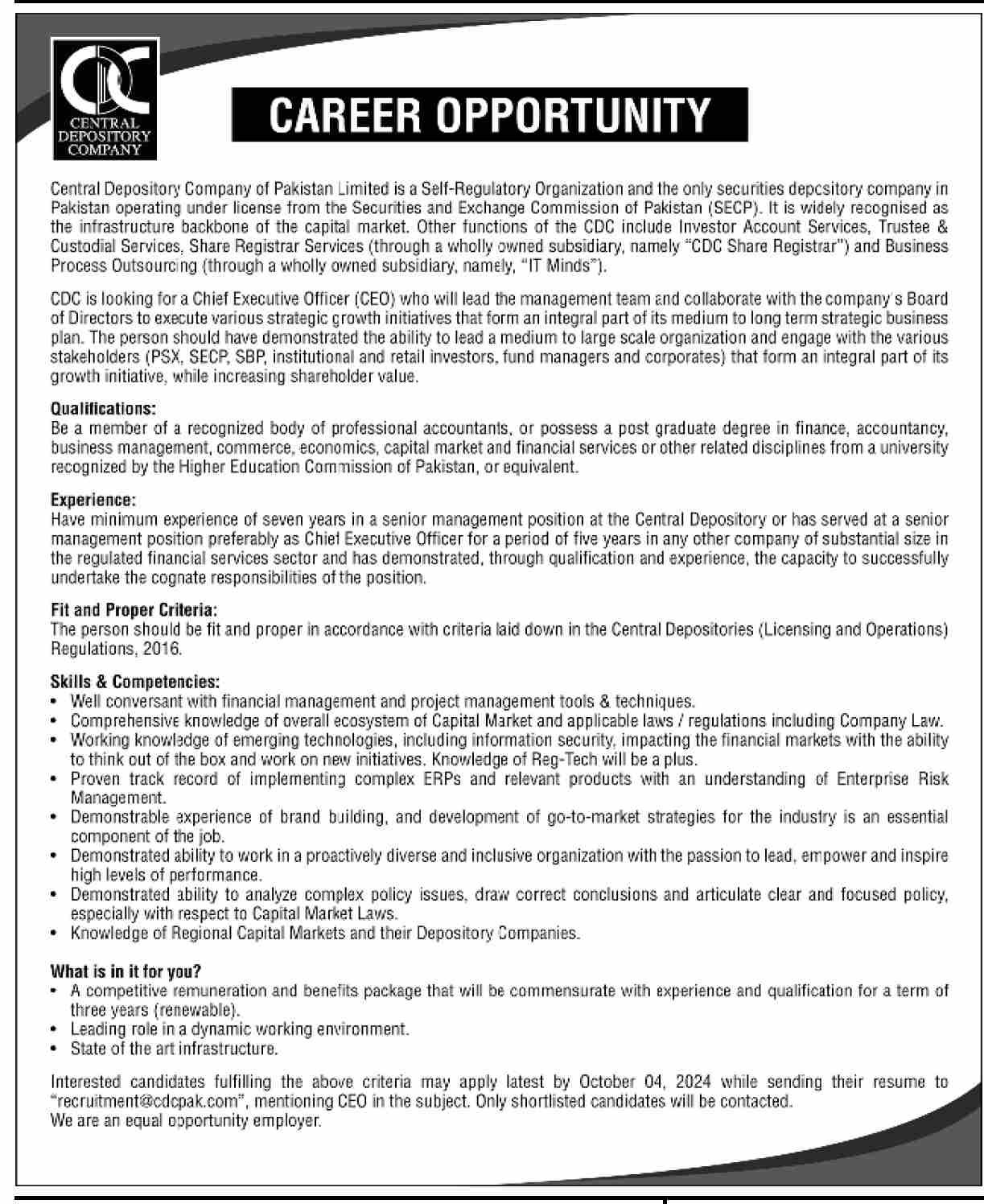 Central Depository Company of Pakistan Limited CDC Jobs 2024 – Private Company Jobs 2024 — original advertisement