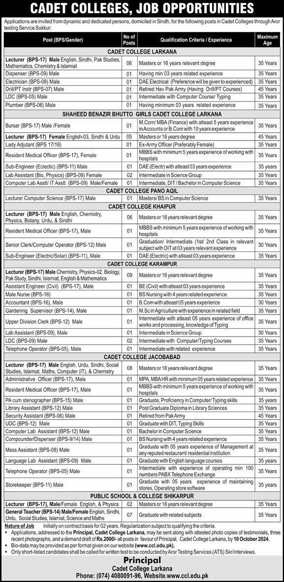 Cadet College Larkana Sindh Jobs 2024 Jobs 2024 — original advertisement