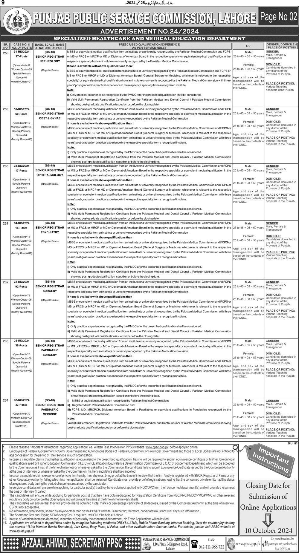 Punjab Public Service Commission PPSC Jobs 24/2024 – Punjab Public Service Commission Lahore Jobs 2024 — original advertisement