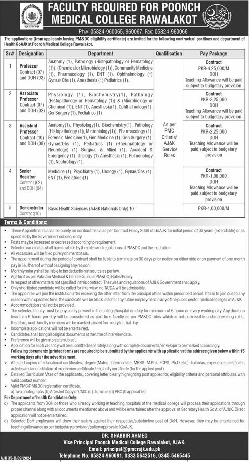 Pooch Medical College Rawalakot Jobs 2024 – Poonch Medical College, Rawalakot,Azad Kashmir Jobs 2024 — original advertisement