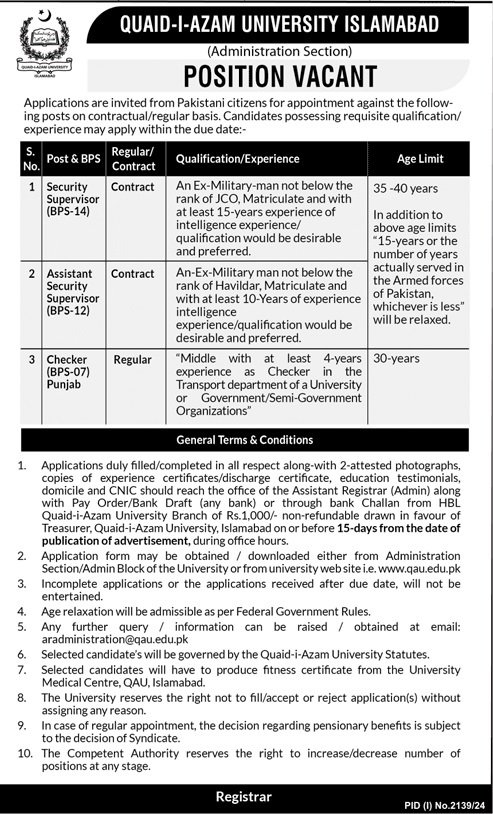 Quaid I-azam University Islamabad Jobs 2024 – Quaid-i-Azam University, Islamabad , Pakistan Jobs 2024 — original advertisement