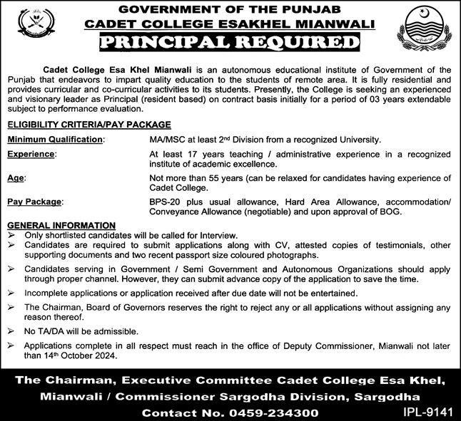Cadet College Esa Khel Mianwali Jobs 2024 Jobs 2024 — original advertisement
