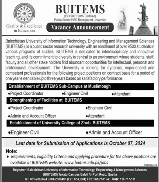 BUITEMS University Quetta Jobs 2024 – Balochistan University of Information Technology & Management Science Quetta Jobs 2024 — original advertisement