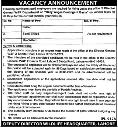 Forests Parks & Wildlife Department Lahore Jobs 2024 – Forest Wildlife & Fishries Department Punjab Jobs 2024 — original advertisement